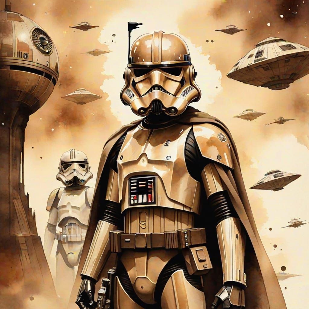 Star Wars Battle for Death Star in Sepia Watercolor