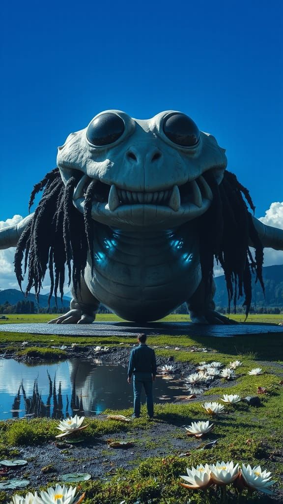 Colossal Amphibious Creature by a Lake, in Retro-Futurist St...