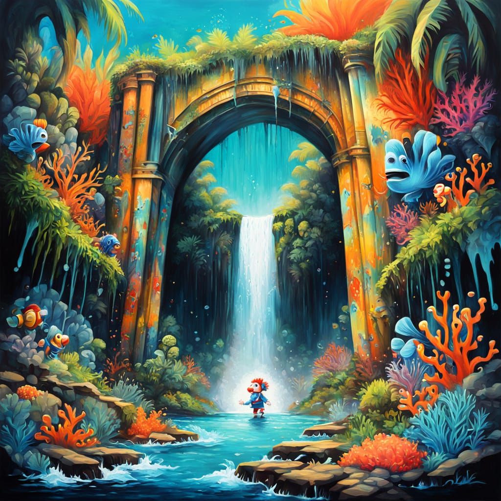 Underwater Waterfall Scene in Graffiti Art Style