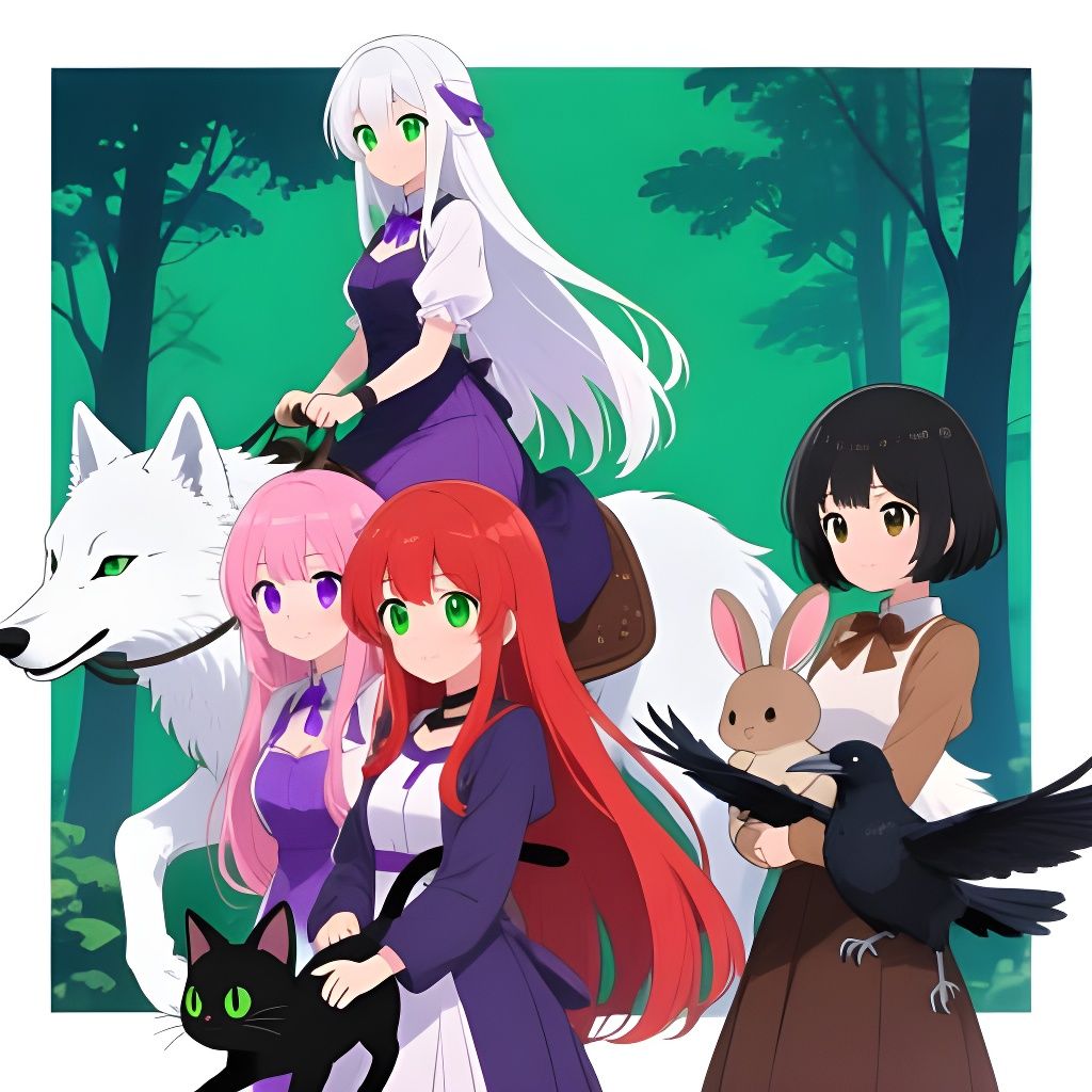 Anime Women Riding Mythical Creatures in Forest