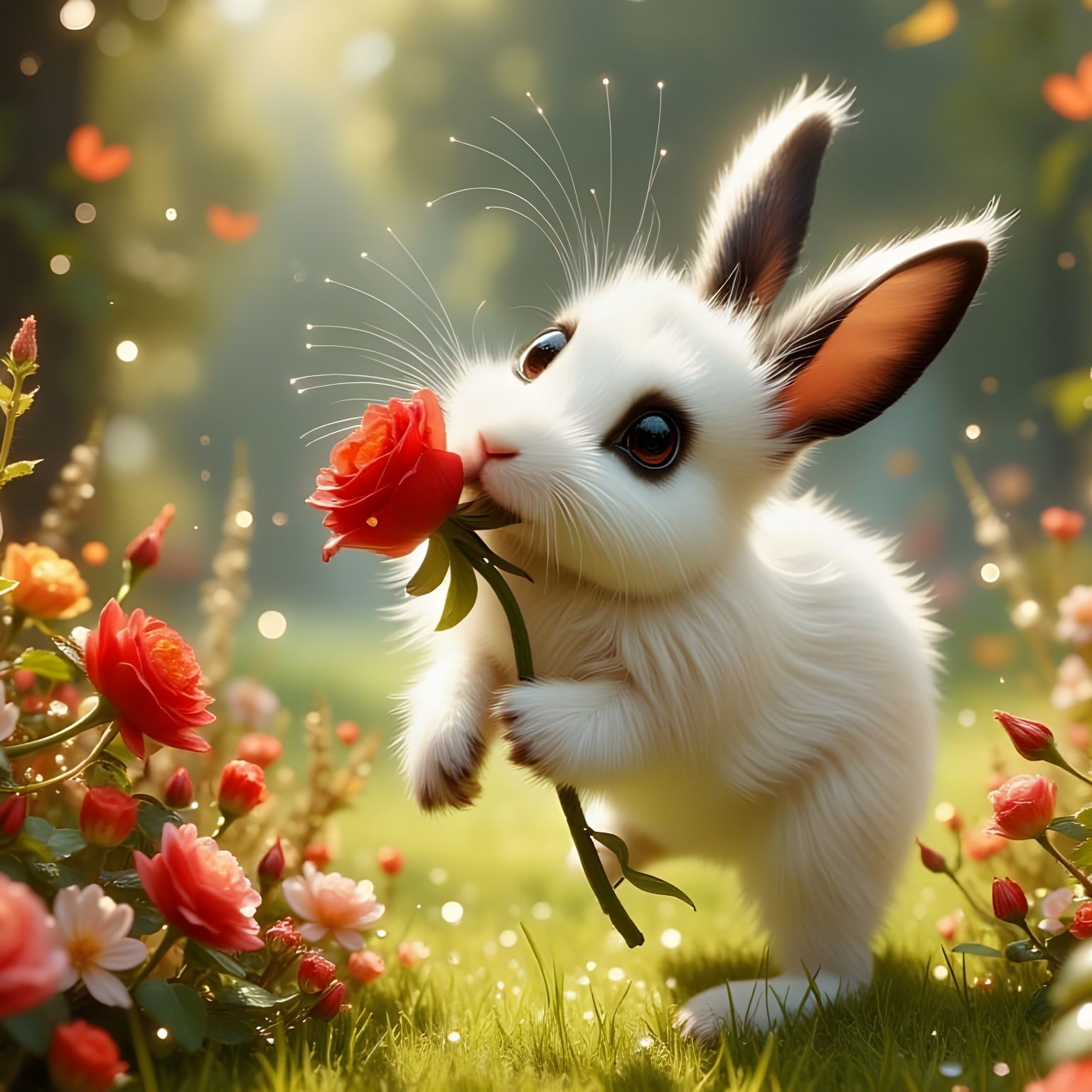 White Rabbit with Rose Leaping in Lush Garden