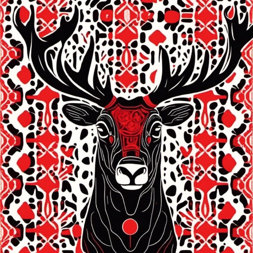 <lora:HaidaStyle:1.0>  Haida style picture of a deer in red,...