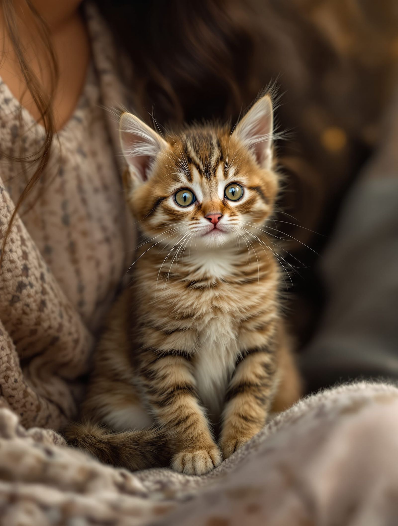 Cute Kitten on Woman's Lap in Cozy Place
