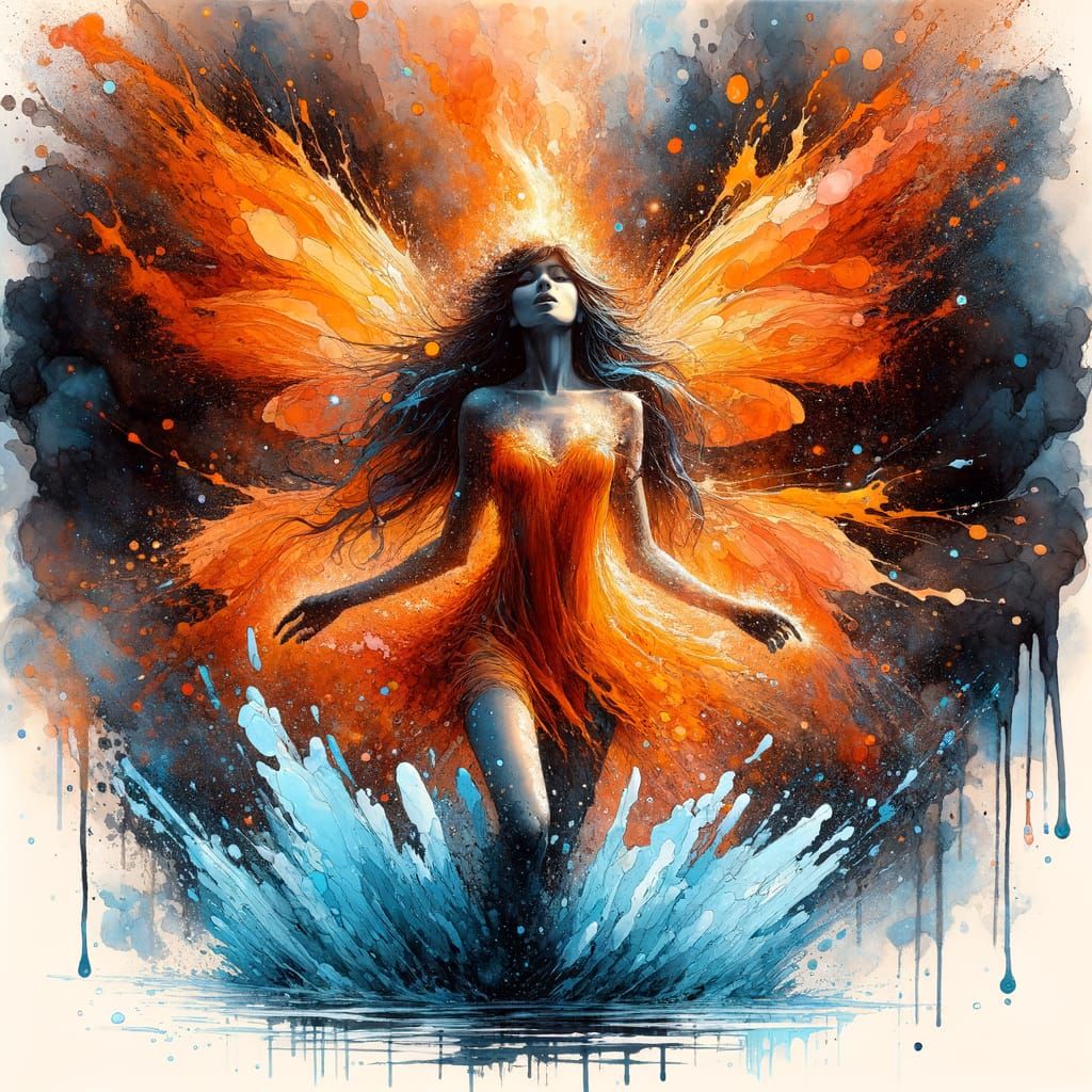 Fiery Sprite Emerges from Icy Lake: Impressionistic Art