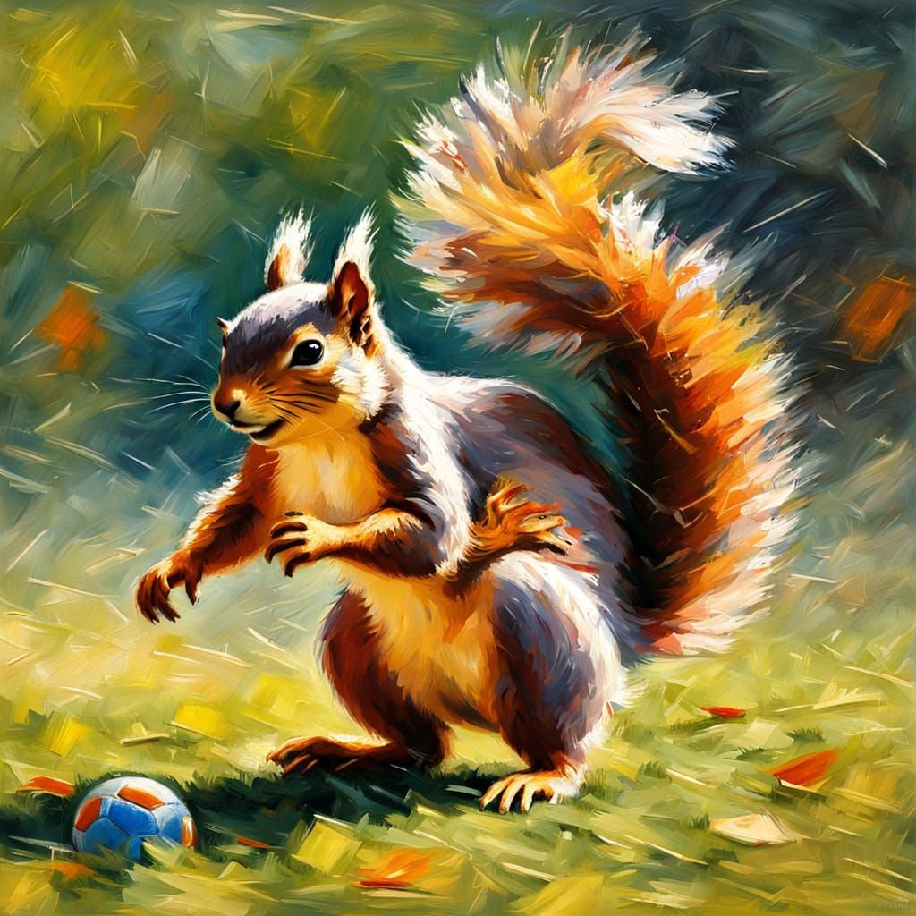 Squirrel Plays Football in Impressionist Masterpiece