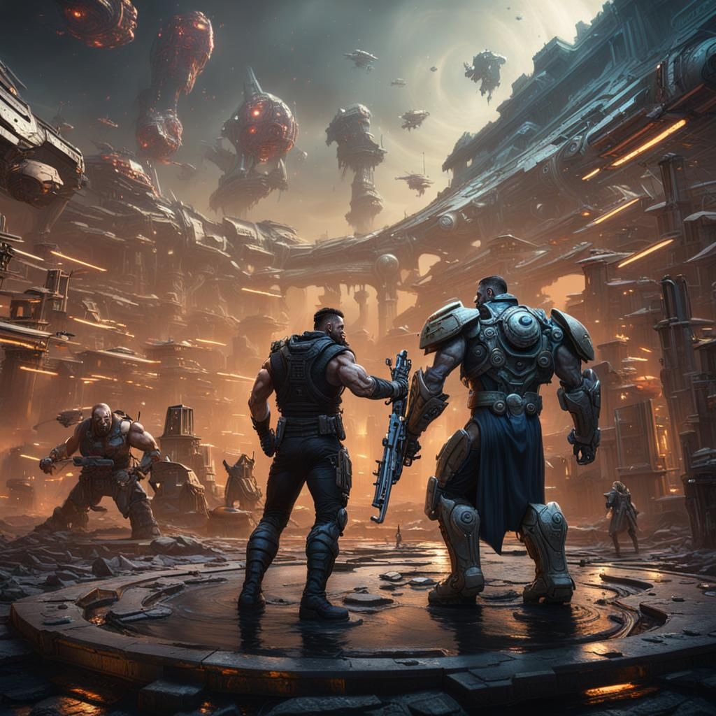 Cyberpunk Hercules vs Thanatos on Space Station