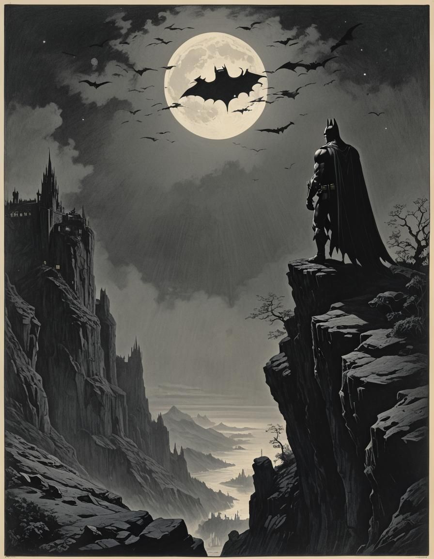 Batman Silhouette on Cliff in Dark Fantasy Style