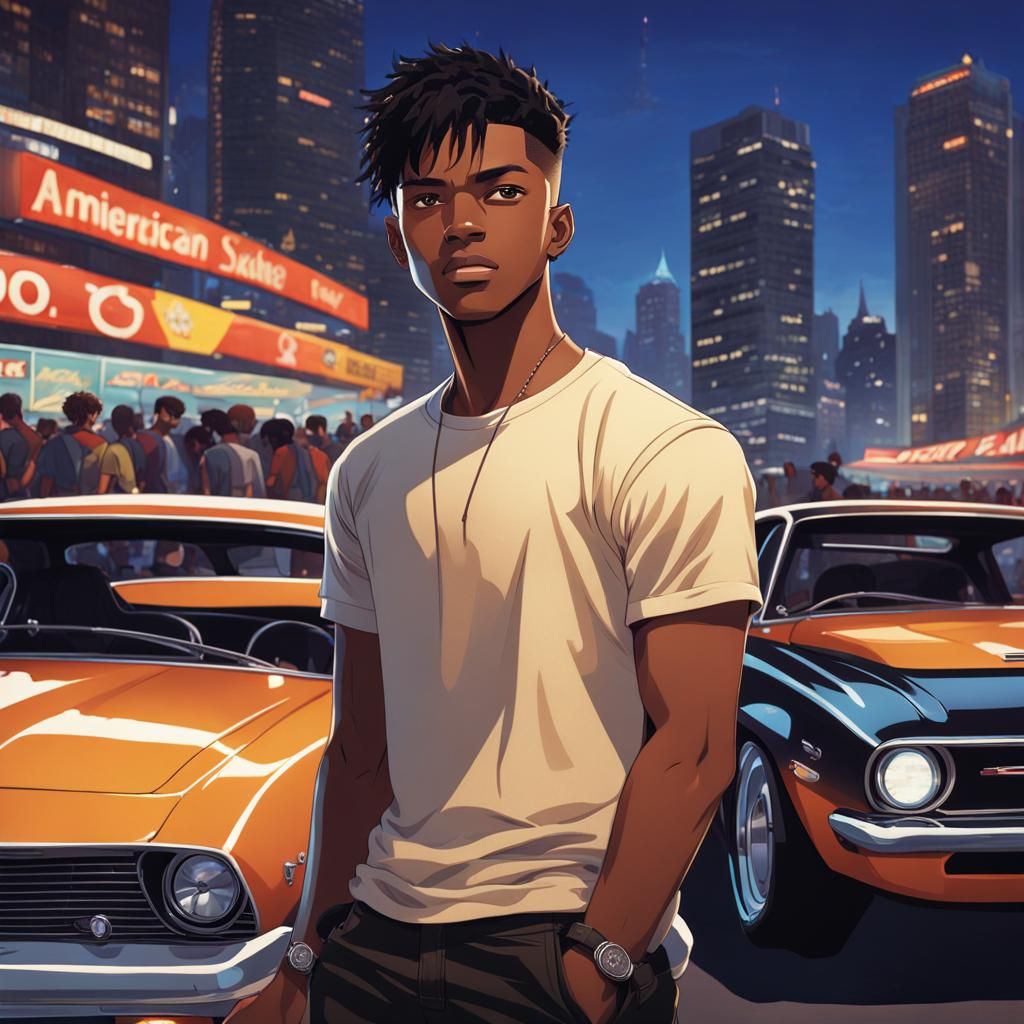 Anime Style Illustration of Young Man with Race Cars