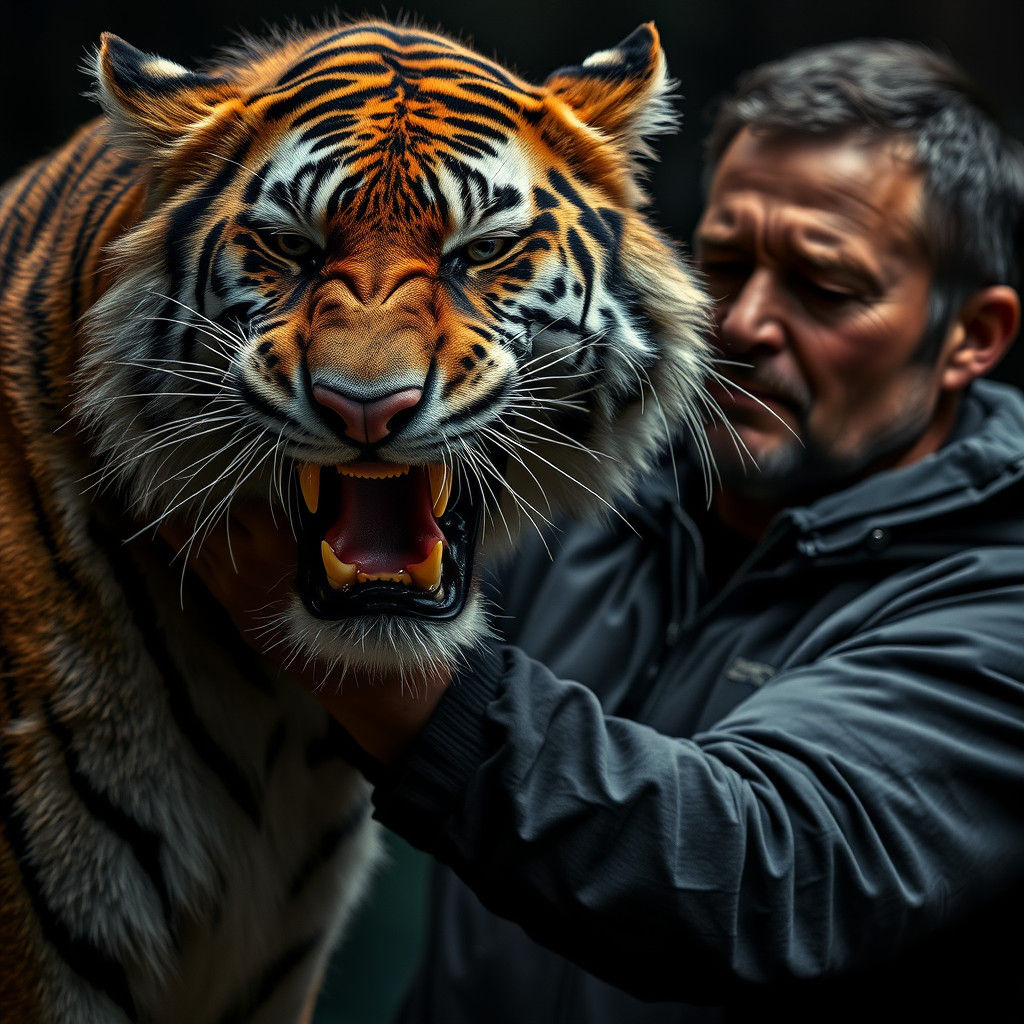 Man Holds Tiger's Tail with Intense Focus