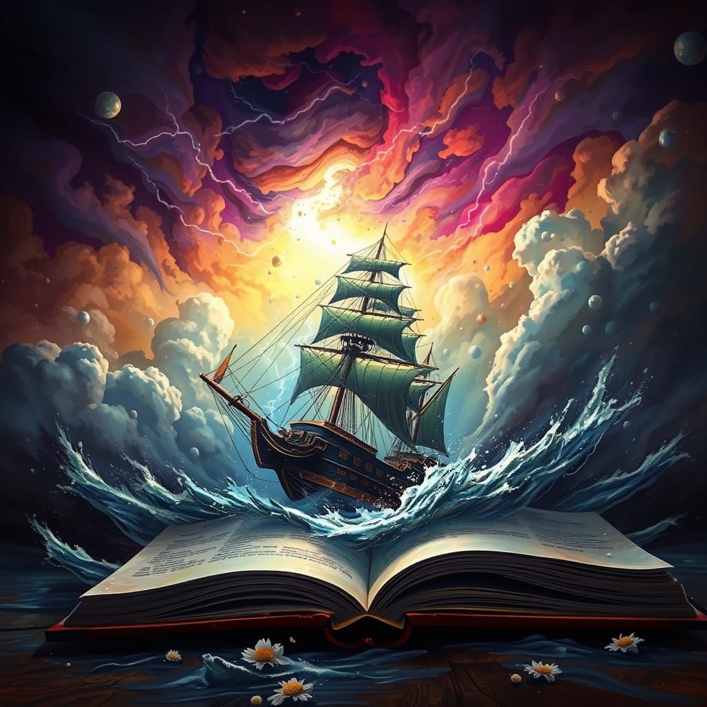 Sinking Pirate Ship in Turbulent Book Storm