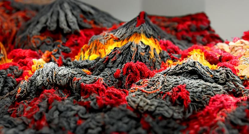 Knitted Volcano Eruption in Fiber Arts Style