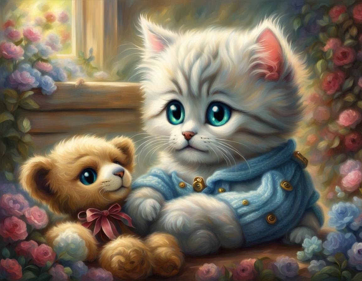 Kitten Cuddles Teddy Bear in Ethereal Fantasy Style