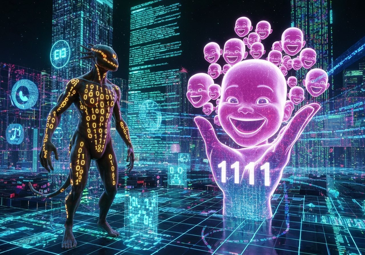 Digital Creature in Neon Data Cityscape