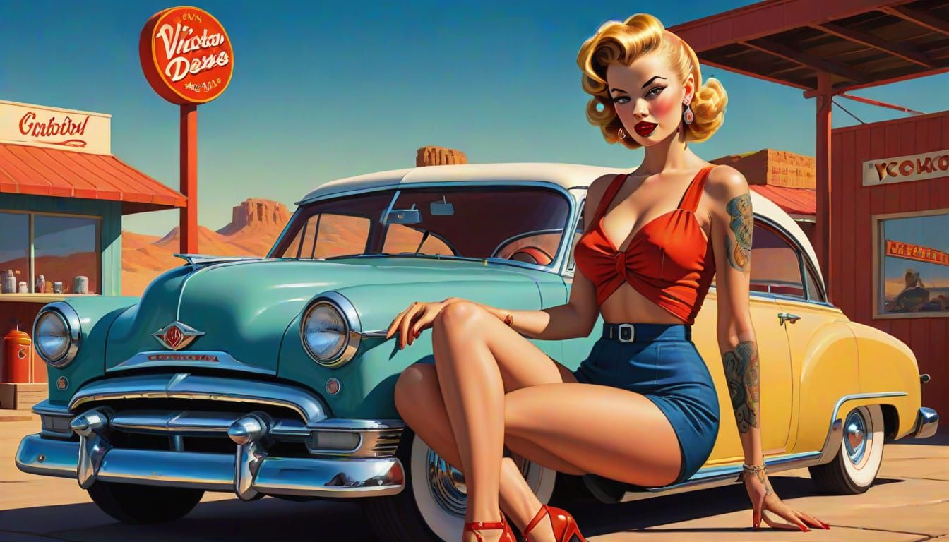 Pin-Up Girl Leans Against Rusted Rat Rod in Desert Diner Lot