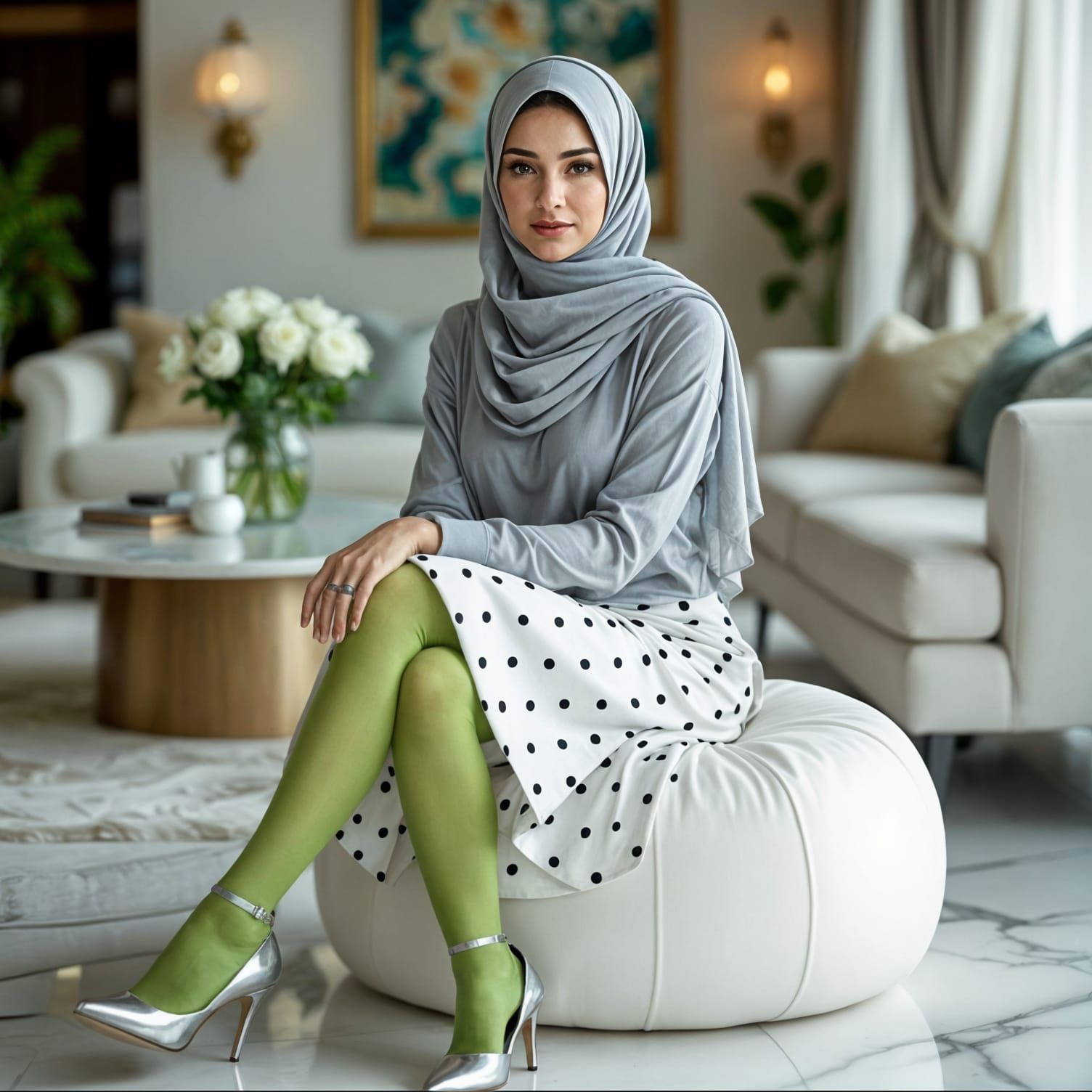 Hijabi Woman in Polka Dots and Lime Green Tights