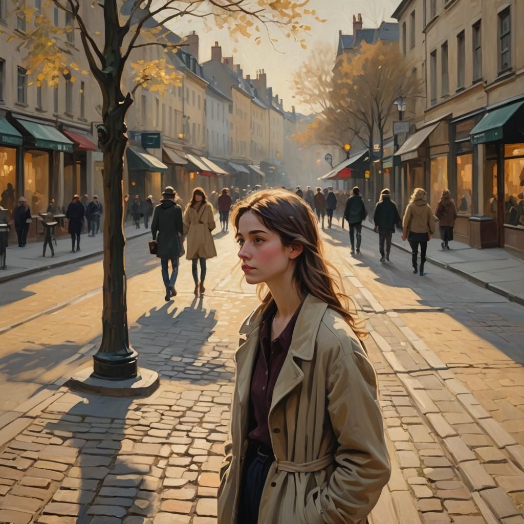 Woman Lost in Thought on Bustling Street, Impressionistic