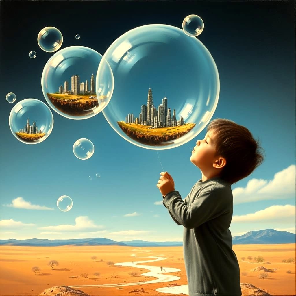Surreal Child Blows Bubbles Containing Tiny Cities