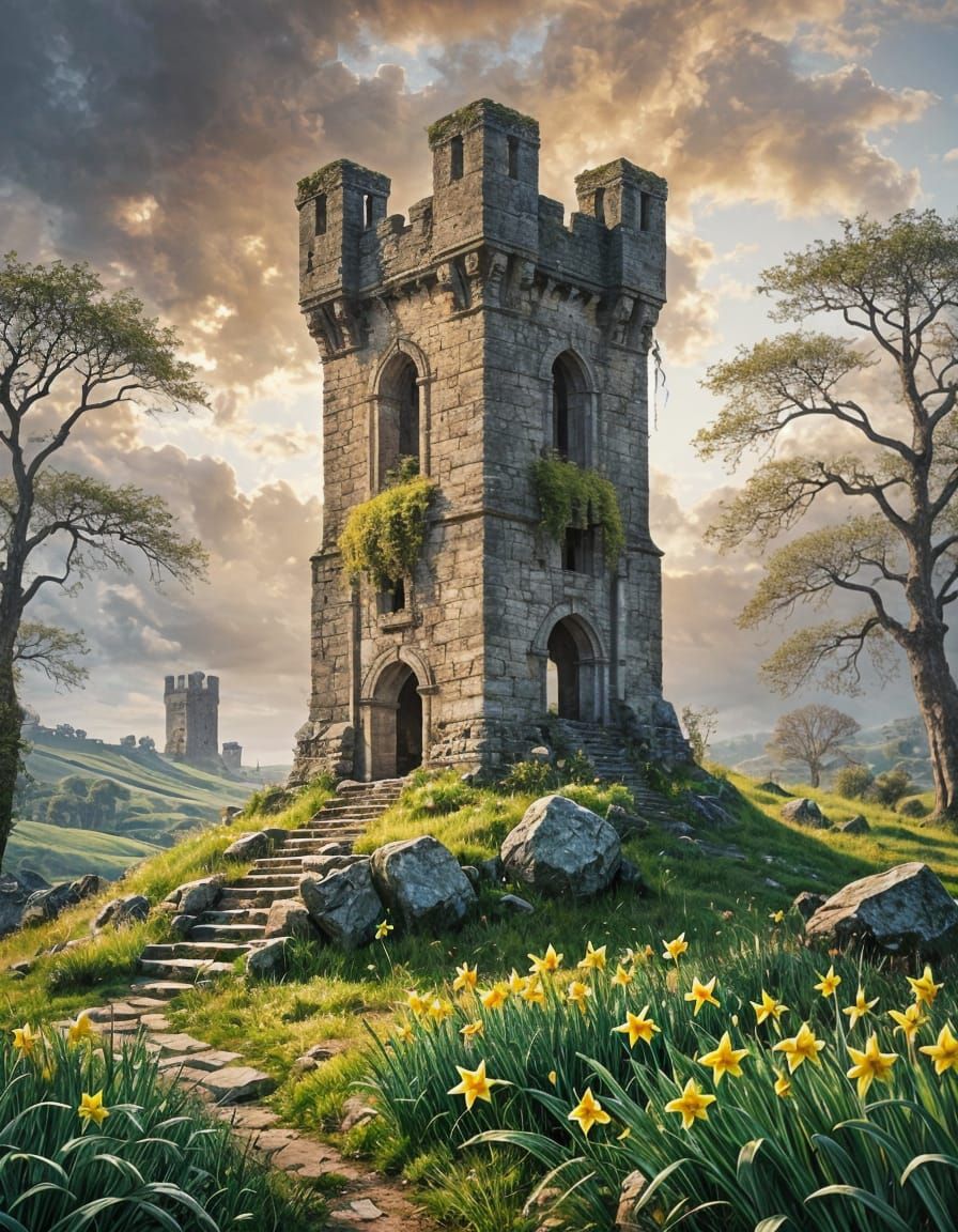 Ruined Tower Amidst Blooming Spring