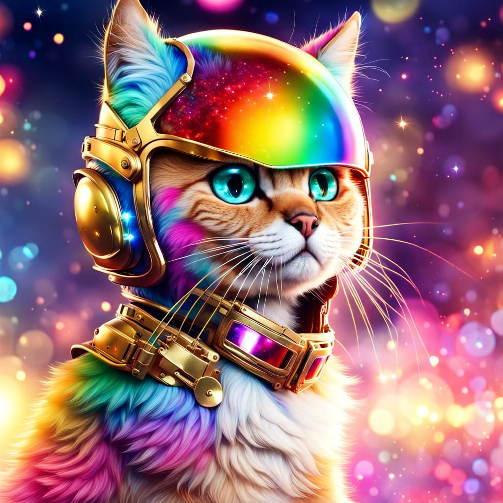 Rainbow Crystal Cat with Glittering Background