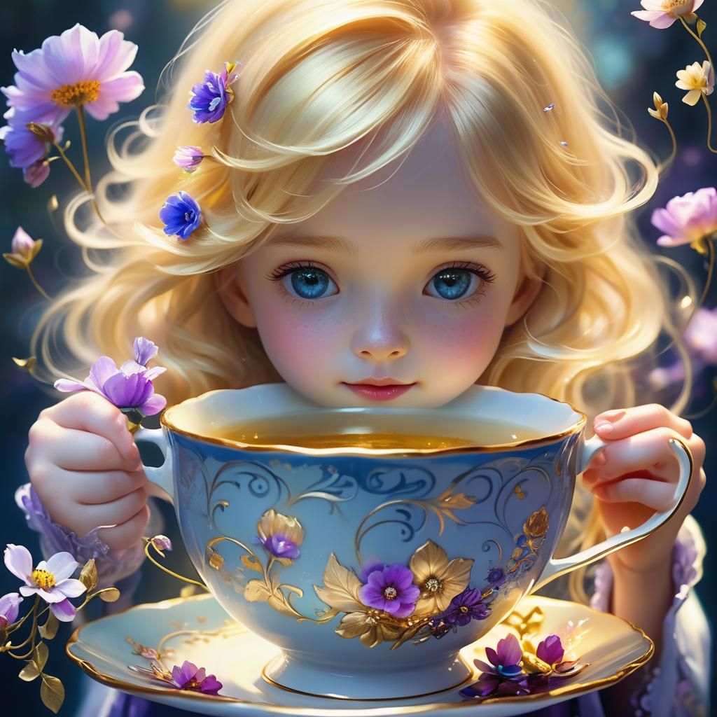 Girl in Teacup with Flowers, Whimsical Concept Art