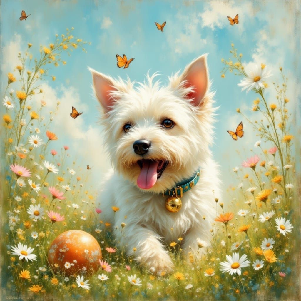 Westie Dog Playing Ball in Flower Meadow