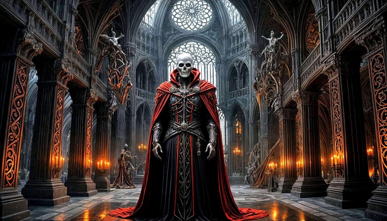 Gothic Biomechanical Horror Hideout With Crimson Robed Figur...