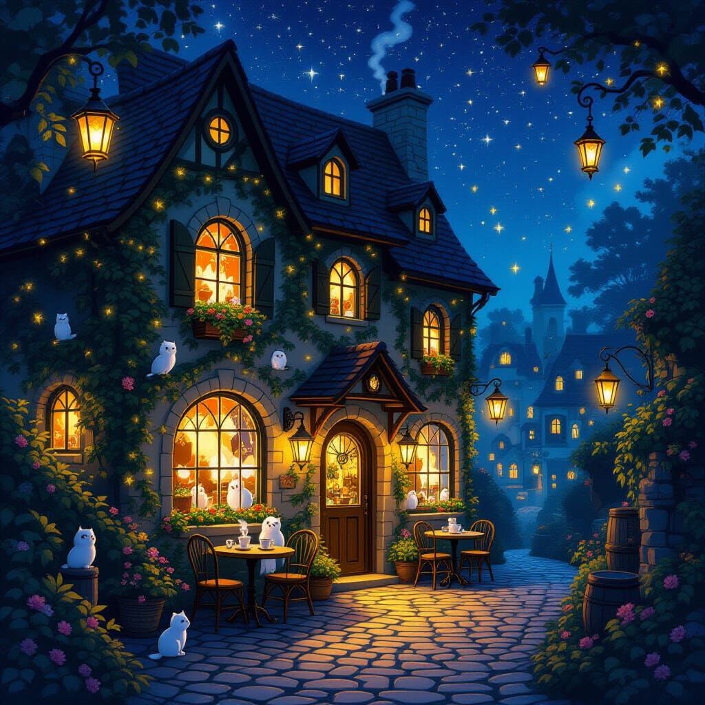 Enchanted Cafe Under Starlit Night with Fairy Lights