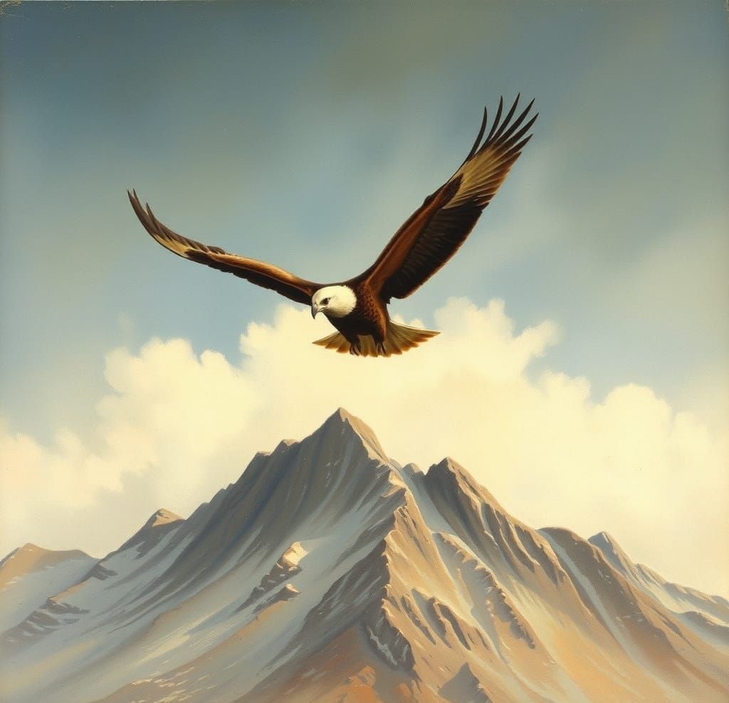 Hawk Flying Over Mountain in Wildlife Art Style