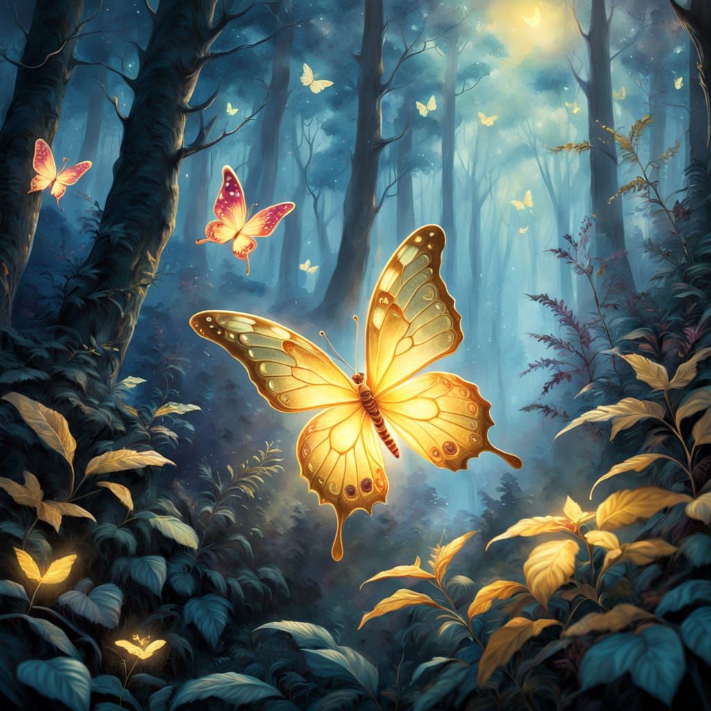 Whimsical Butterfly in Dreamy Forest Scene