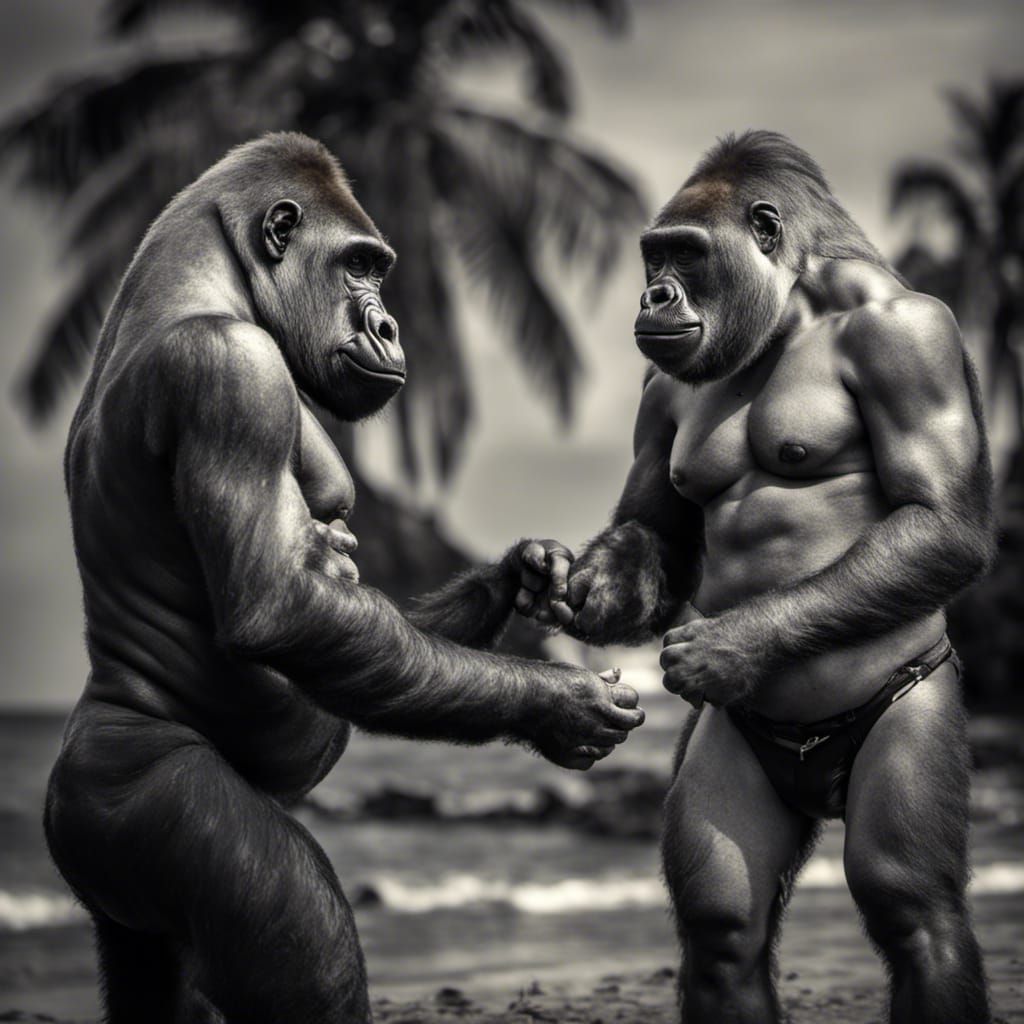 Gorillas in Bikinis Relaxing on a Beach at Sunset
