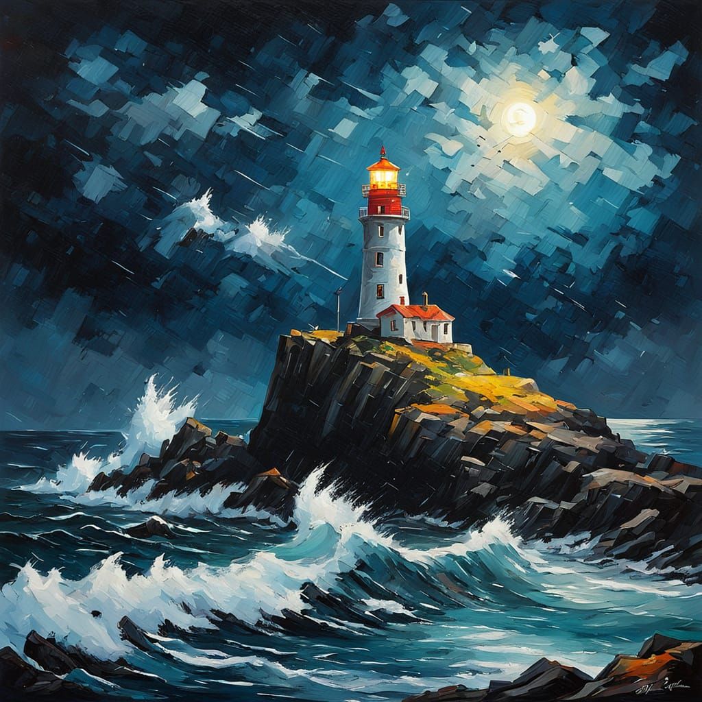 Dramatic Lighthouse on Volcanic Island as Oil Painting