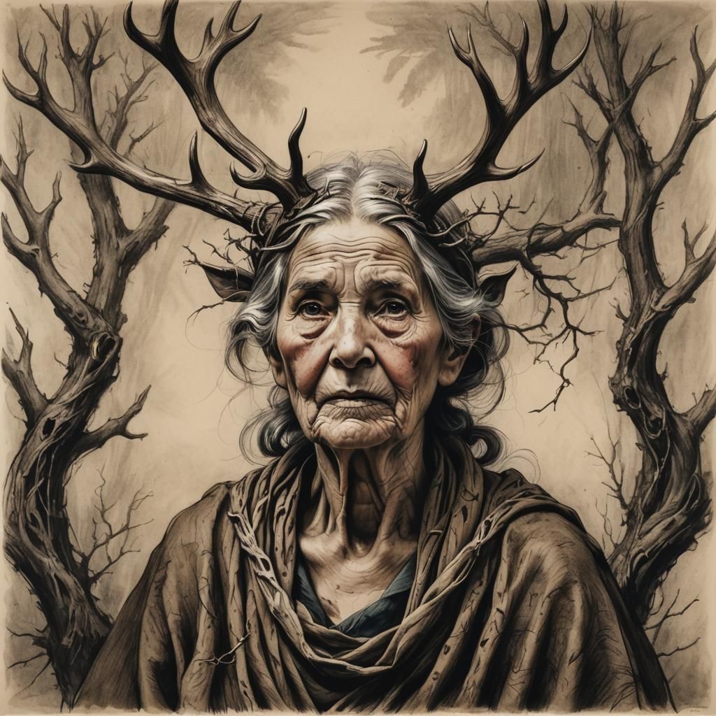 Elderly Woman with Antlers: A Realistic Charcoal Drawing