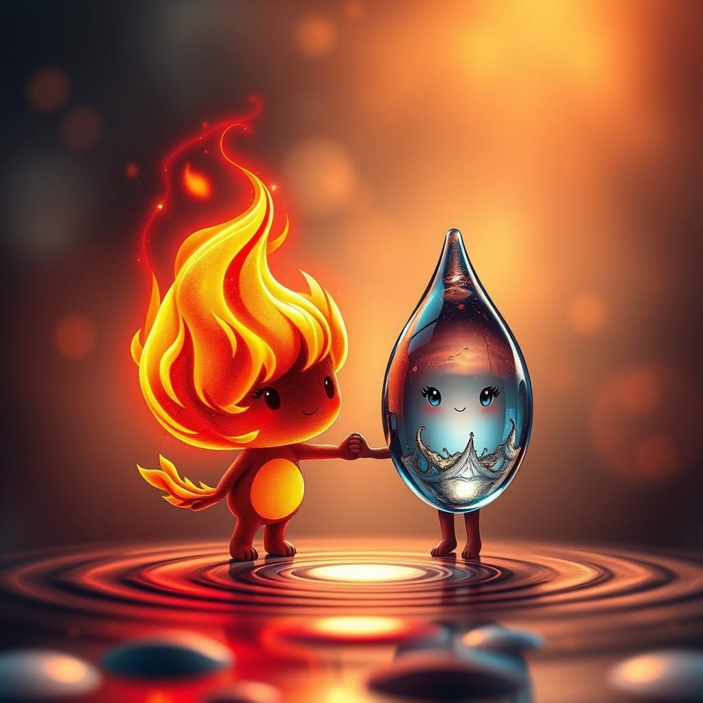Chibi Flame and Water Droplet Hold Hands in Vibrant, Hyperde...