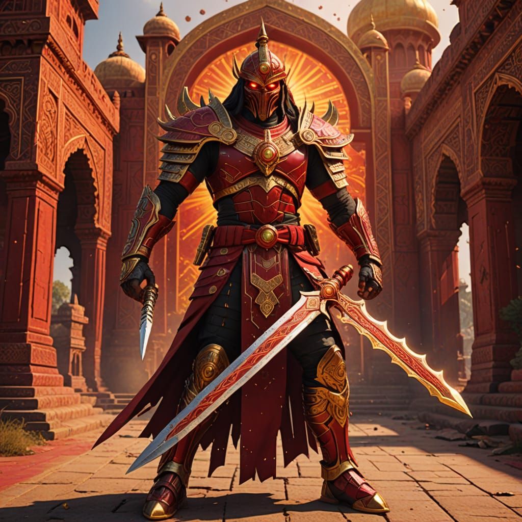 cybernetic Indian-inspired supervillain in a crimson red & gold sun themed costume holding a double bladed sword outside...