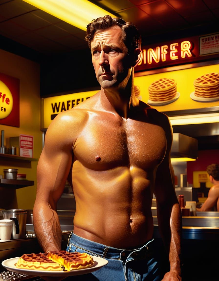 Shirtless Man at Waffle House, Vibrant Oil Painting