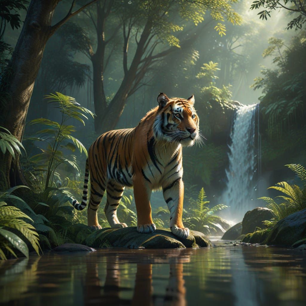 Majestic Tiger in Whimsical Waterfall Forest