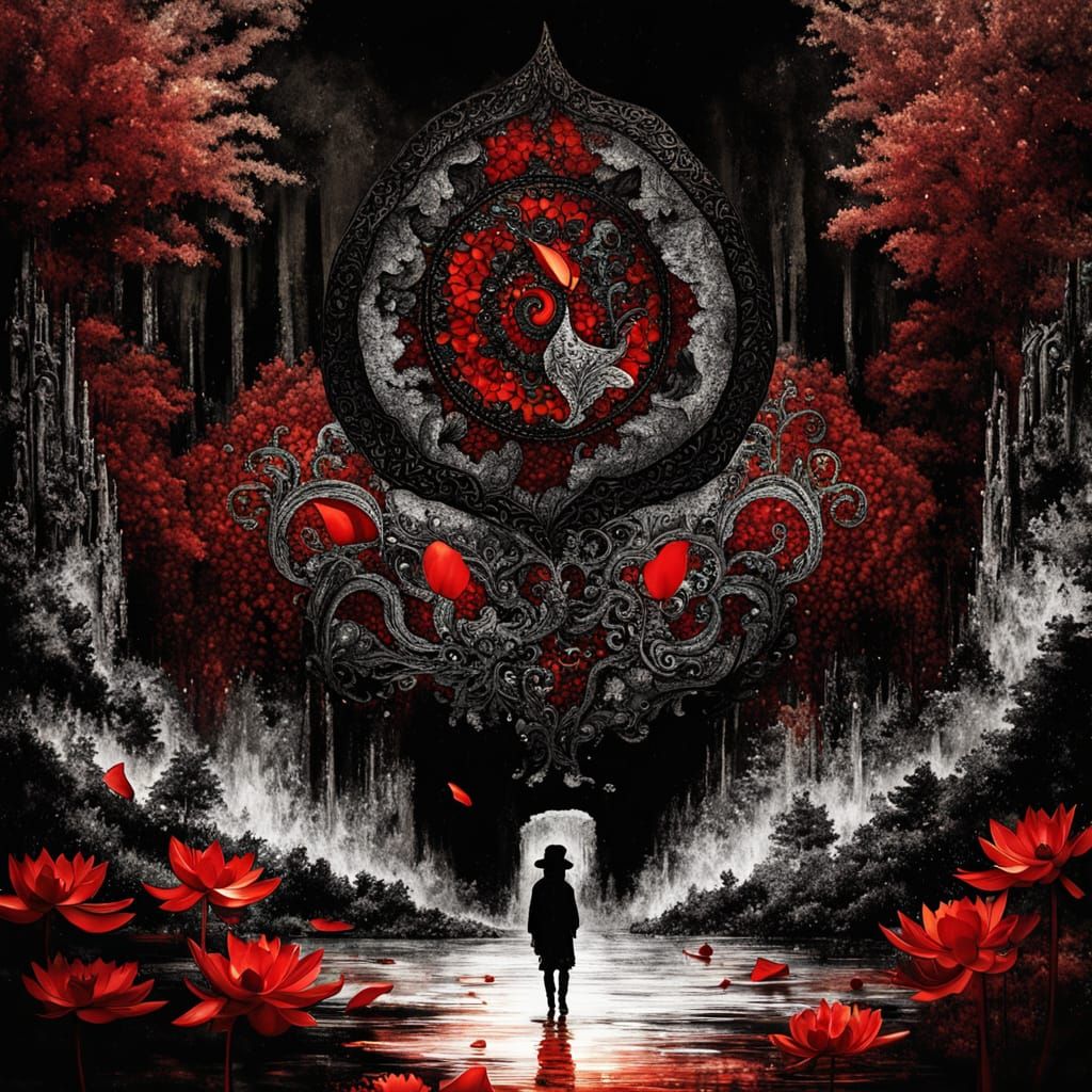 Glowing Lotus Flower in Dark Forest: Inkwash Painting