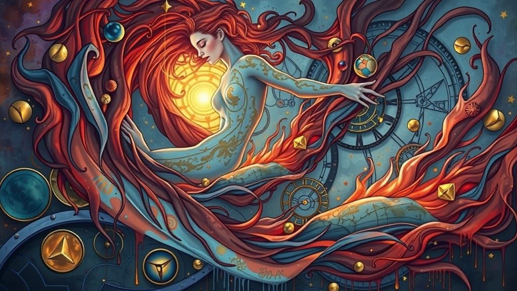 Celestial Woman in Fiery Hair and Golden Engravings