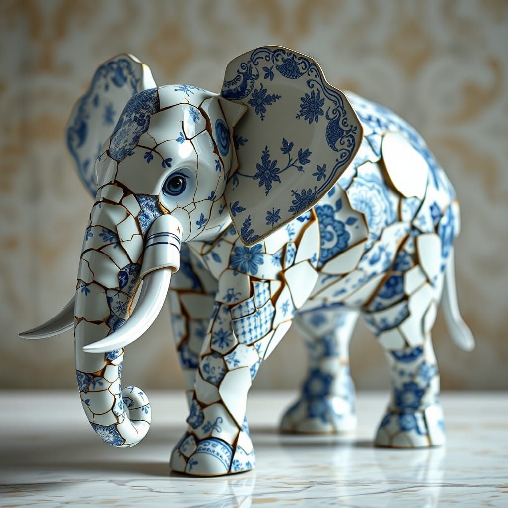 Porcelain Elephant Sculpture in Mosaic Style