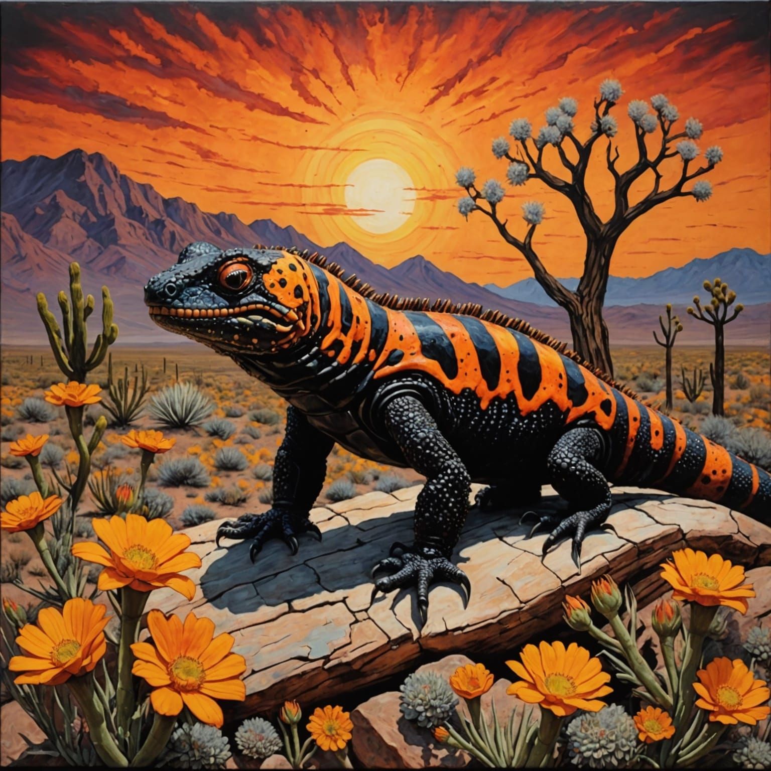 Diabolical Gila Monster at Sunset, Encaustic Art