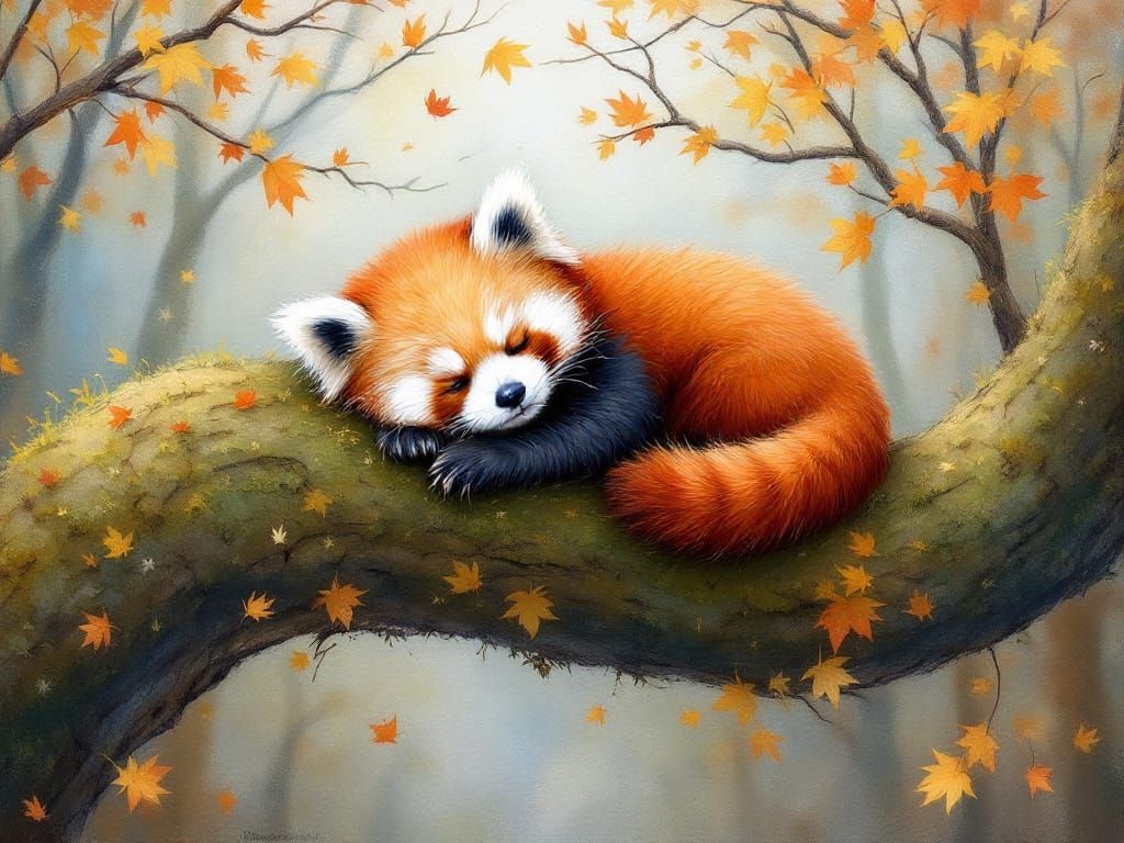 Red Panda Lounging in Autumn Forest, Impressionistic Style