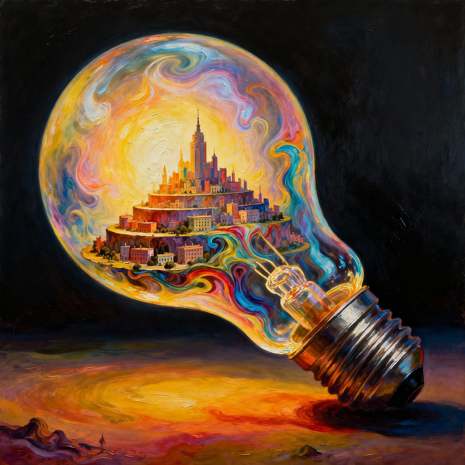 Surreal Cityscape Inside Glowing Light Bulb