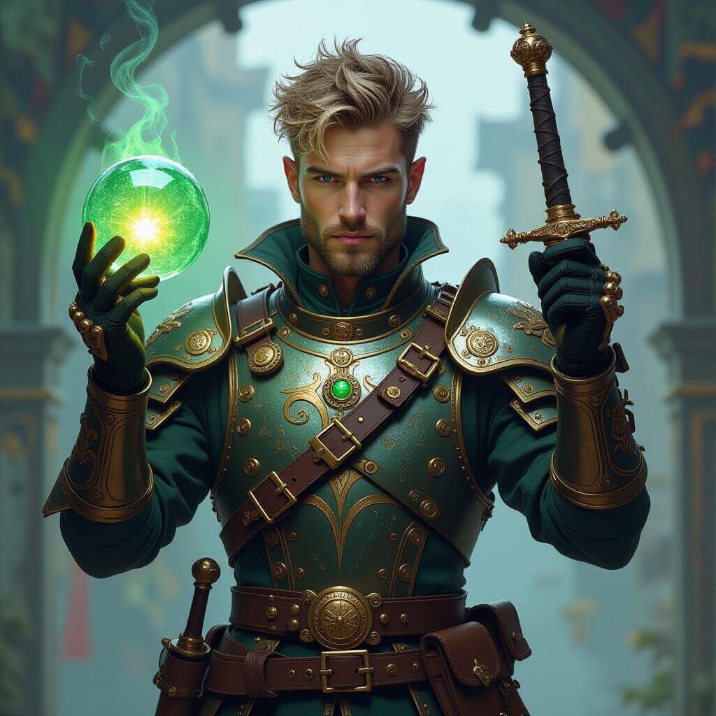 Steampunk Artificer with Glowing Orb, Hyperrealistic Style