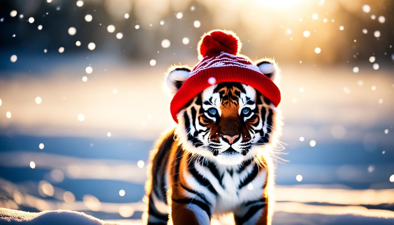 Baby Tiger in Christmas Hat with Aurora Borealis