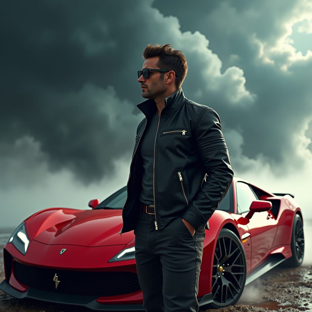 High-Octane Hurricane Scene with Sports Car, Cyberpunk Flair