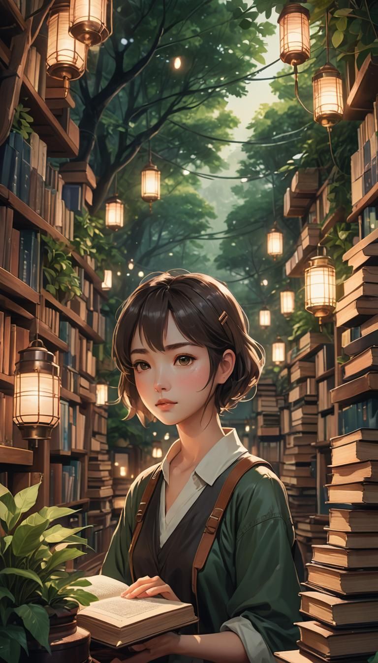 Serene Woman Surrounded by Books: Anime Art