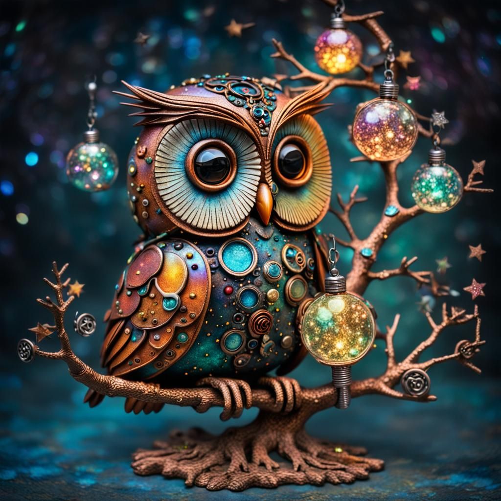 Steampunk Owl on Branch in Surreal 3D Style