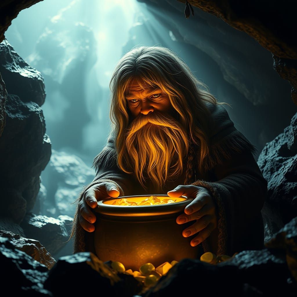Smeagol Discovers Pot of Gold in Cave, Hyperrealistic Style