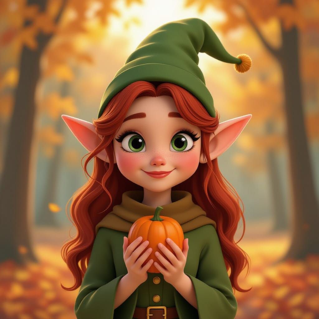 Cute Elf in Autumn Landscape