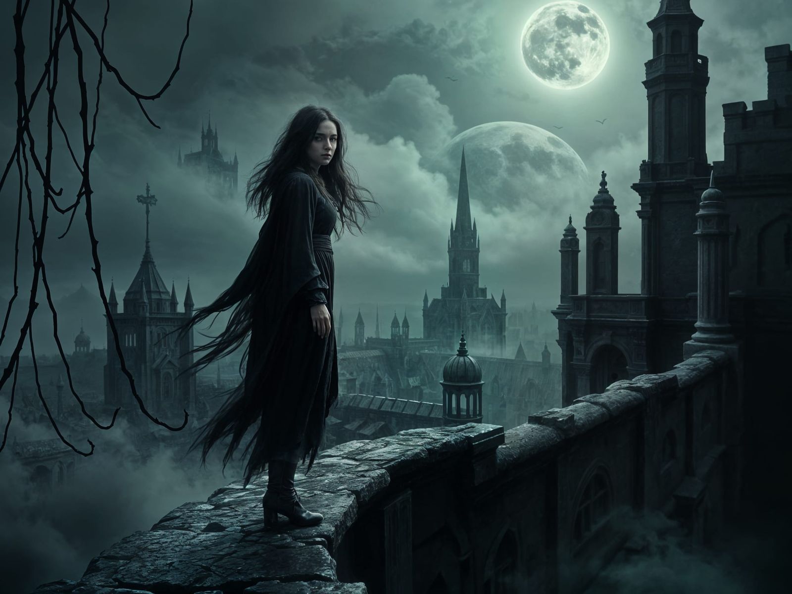 Dark Fantasy Concept Art: Solitary Woman on Balcony